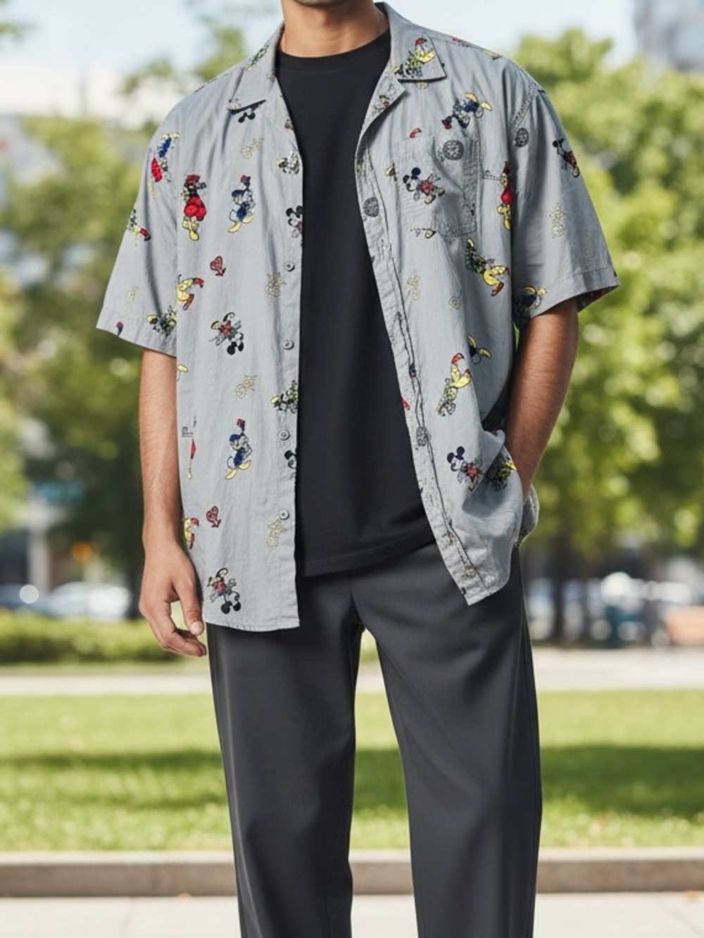 Disney Kingdom Hearts Short Sleeve Button Up Shirt Grey All Over Print Sz Large